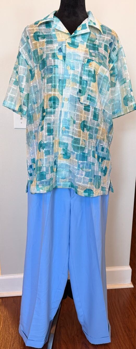 VTG Stacy Adams Mens 2Pc Walking Suit Geometric Print Shirt Blue Pants Set 32x32